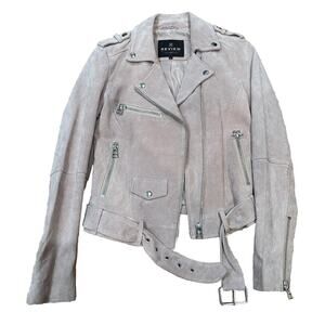 REVIEW Jacket Women’s Small 100% Leather Pink Belted Velour Motorcycle Jacket